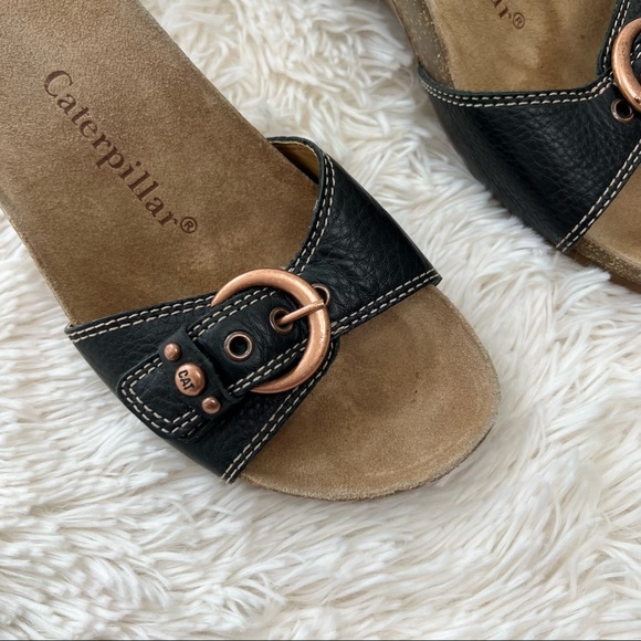 Caterpillar Shoes Caterpillar Cat Black Wedge Sandals Leather Copper Buckle Mule Shoes Sz 8
